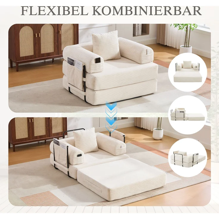 LVHOM 3-in-1 Schlafsessel, Klappsofa mit Schlaffunktion, Einzelschlafsofa mit Seitentaschen und Kissen, Polstersofa aus Cordstoff, frei Kombination, Beige – Bild 3