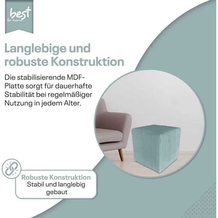 Best for Home Sitzwürfel Pouf Hocker – Samt, Fußhocker & Sitzpuff (Sitzwürfel / Pouf Hocker, 1 St, 1x Sitzwürfel / Pouf Hocker), multifunktional, Dekoelement, kompakt, weich gepolstert – Bild 3