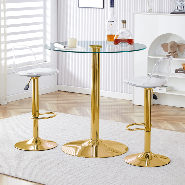 Bartisch-Set mit 2 Hockern, Glastisch Ø 89 cm, höhenverstellbare und drehbare Hocker – Bild 2
