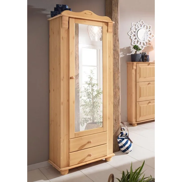Home affaire Garderobenschrank Adele mit Spiegel, Breite 63 cm, mit 2 Schubladen, aus massiver Kiefer, FSC®
