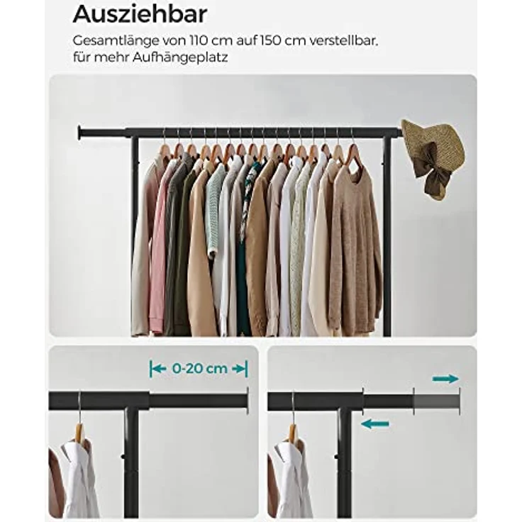 SONGMICS Kleiderständer auf Rollen, Garderobenständer, hochbelastbar, ausziehbare Kleiderstange, bis 130 kg belastbar, 45 x (110-150) x 162,9 cm, aus Metall, verchromt, Mattschwarz HSR011B01 – Bild 7