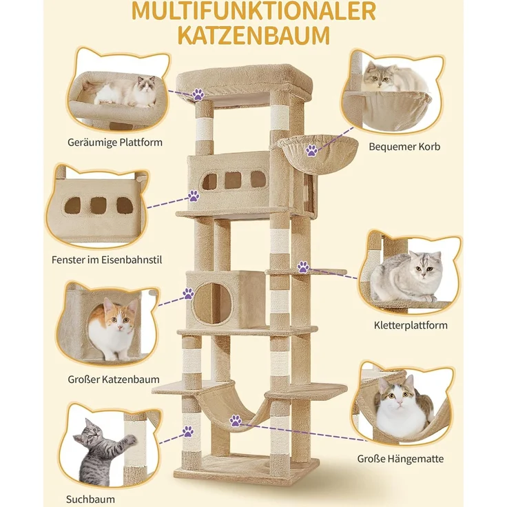 Kratzbaum groß, 170 cm Hoch, Katzenbaum, mit 8 Kratzbäume, 2 Höhlen, groß Plattformen, Waschbare Matte, Hängematte, Plüschbälle, Mehrstöckiger Katzenkratzbaum, Kamelbraun – Bild 4