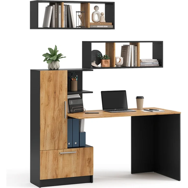 Schreibtisch-Set Tomy Anthrazit/Goldkraft Eiche 150 x 59 cm 3er Set da 2 Regale+Schreibtisch Vicco – Bild 5