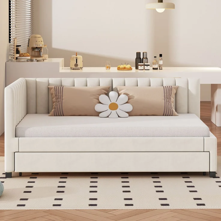Polsterbett, 90 x 200, Ausziehbares Schlafsofa, Multifunktionsbett mit Lattenrost, Jugendbetten Kinderbetten Gästebetten, Samtstoff, Beige, 90 x 200 cm – Bild 3