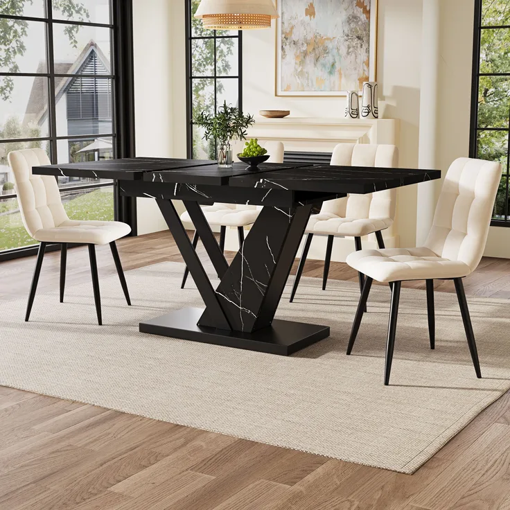 Esstisch ausziehbar 120–160x75x75,5 cm, stilvoller Tisch mit Marmor-Dekorplatte, stabilem Metallrahmen für Küche & Wohnzimmer, 75.5cmx120-160cmx75cm, Schwarz