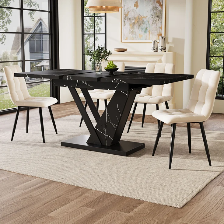 Esstisch ausziehbar 120–160x75x75,5 cm, stilvoller Tisch mit Marmor-Dekorplatte, stabilem Metallrahmen für Küche & Wohnzimmer, 75.5cmx120-160cmx75cm, Schwarz – Bild 1