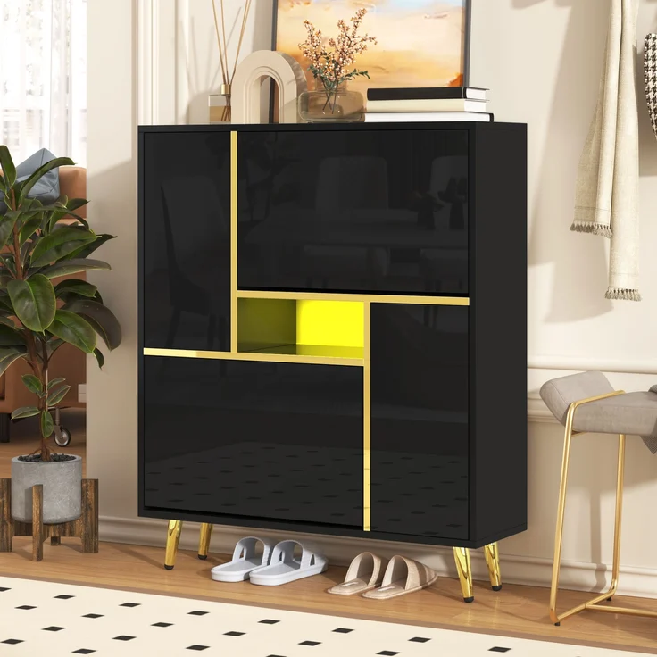 Schuhschrank, Spanplatte mit Hochglanzfront & LED-Licht (16 Farben), 80x25x96 cm, Schwarz – Bild 4