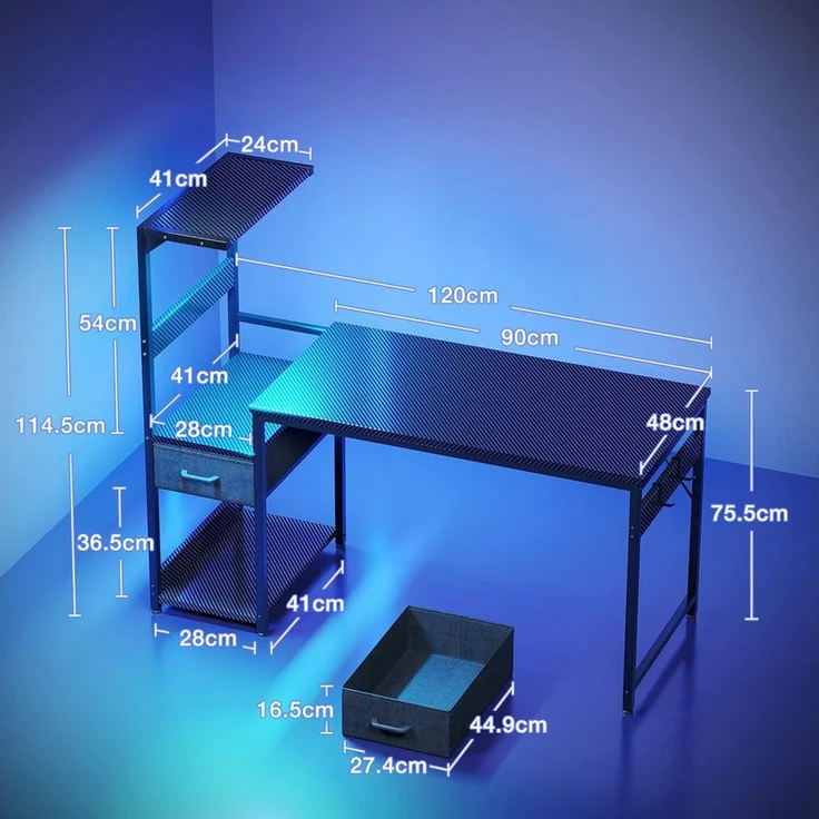 ODK Gamingtisch mit LED-Beleuchtung, Regal & Schublade in Carbon-Optik (1-St), 138 cm Computertisch & Schreibtisch – Bild 2