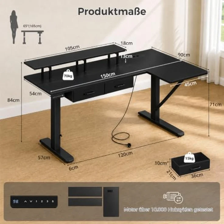 IRONCK Höhenverstellbarer Schreibtisch L Form, Elektrischer Eckschreibtisch | Computertisch 150x90cm mit Steckdose USB-C Anschlüsse, Homeoffice Tisch mit Schubladen Monitorständer 3 Speicherhöhen Schwarz – Bild 8