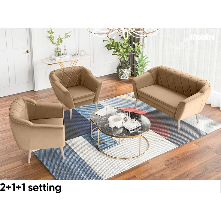 MEBLINI Sofa-Set GISELA 2+1+1 - Beige Samt - für Wohnzimmer - Mini Lounge für vier Personen - Küchensofa - Sofa Klein - Sitzgarnitur - Polstergarnitur - Sofagarnituren – Bild 2