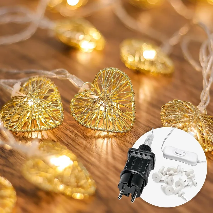COZY HOME LED-Lichterkette Herz Lichterkette Batterie und Stecker -, 20 LEDs I 5 Meter I Timer-Funktion I Warmweiß I Lichterkette Innen