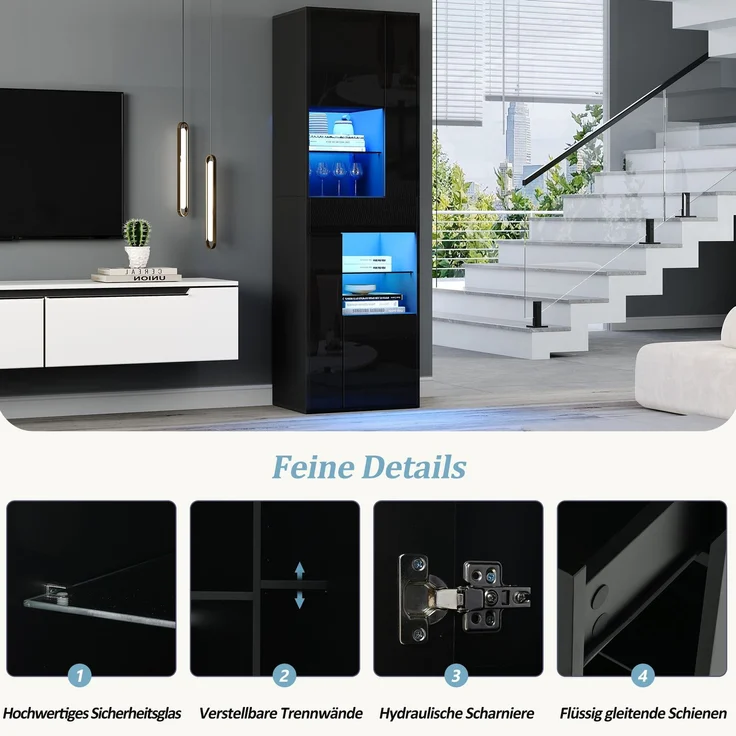 DESVIAE Vitrine mit LED-Beleuchtung und Schublade 55x170x38 cm Spanplatte Glas Schwarz – Bild 5