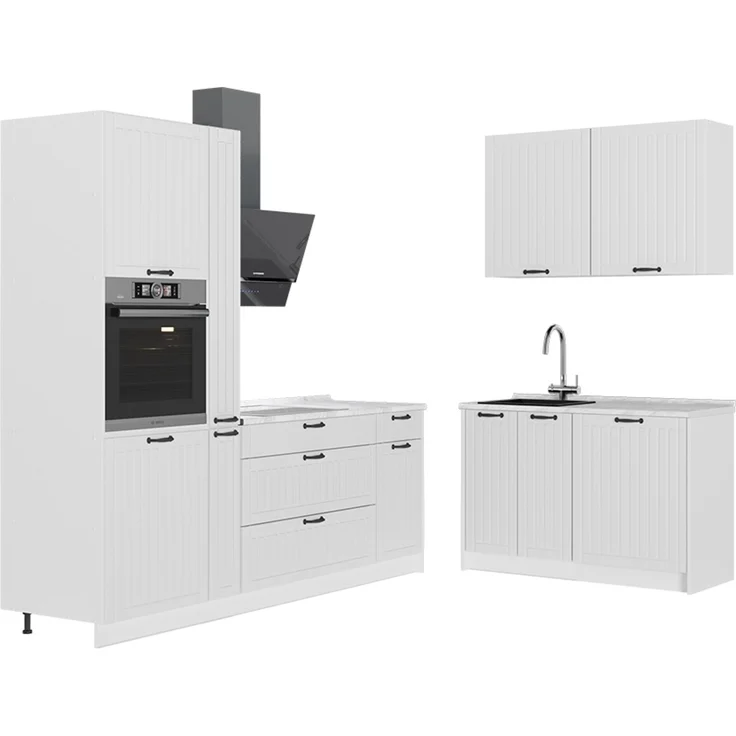 Küchenzeile Fame-Line Weiß Landhaus/Weiß 220 x 120 cm, AP Marmor Vicco – Bild 1