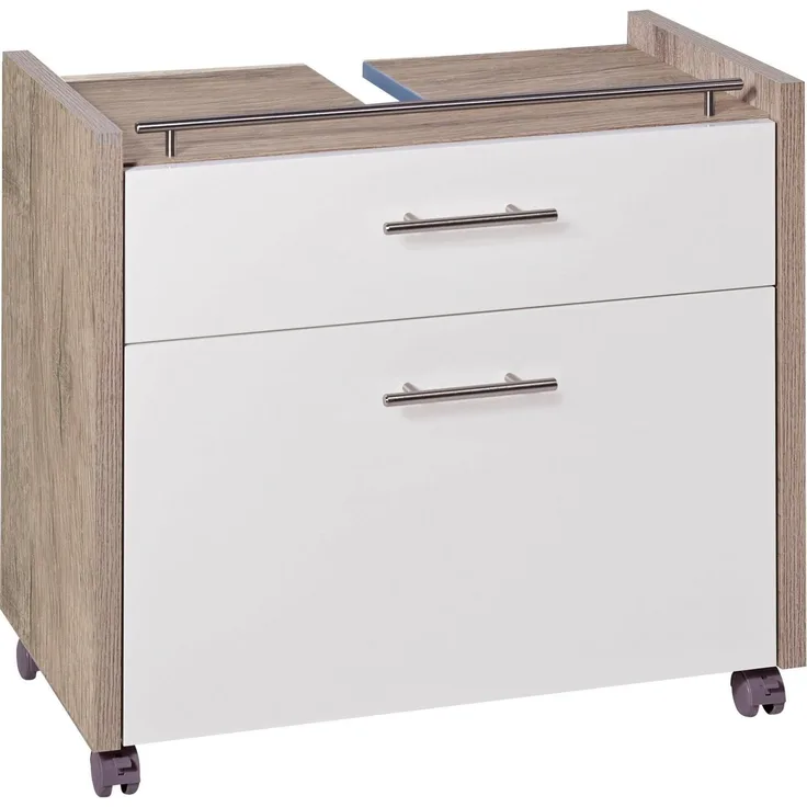 Schildmeyer Waschbeckenunterschrank 133073 Trient, 67 x 35 x 60. 5 cm, weiß glanz / wildeiche Dekor