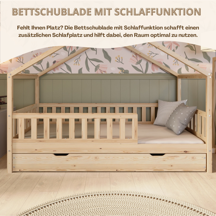 Crazy Pine 'Crazy House' Hausbett mit abnehmbaren Rausfallschutz, Naturholz, Natur, 120x200 cm, mit Ausziehbett – Bild 8
