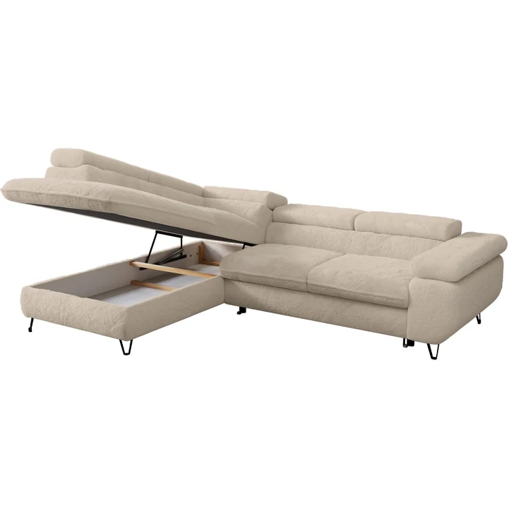 Ecksofa mit Bettfunktion, Modern Sofa, L-form, Einstellbare Kopfstützen, Bettkasten - PETER - Creme Plüsch - links – Bild 3