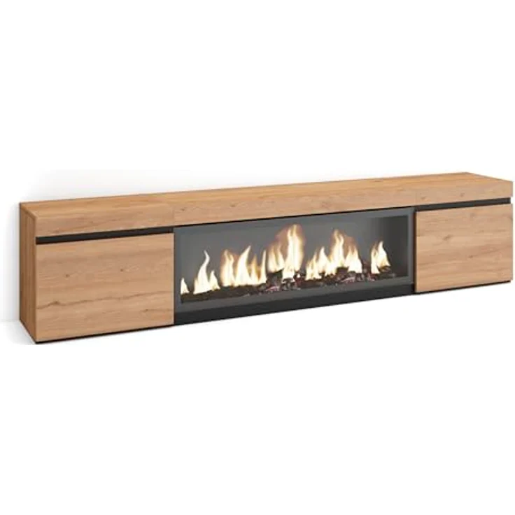 Skraut Home | TV-Schrank, Lowboard | für Wohnzimmer und Esszimmer | 210 | Für TV-Geräte bis zu 80" | Elektrokamin XXL | Moderner Stil | Eiche – Bild 1