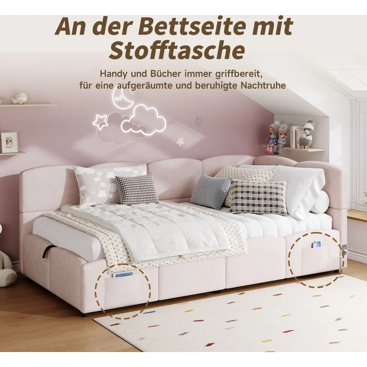 Polsterbett, Kinderbett Einzelbett Stauraumbett Schlafsofa mit Lattenrost USB-Ladegerät Stautasche Jugendbett und Erwachsenenbett, Samt, Rosa, 90×200 cm – Bild 4