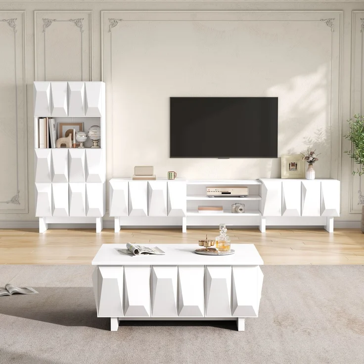 EINHOM Wohnzimmermöbel Set mit 3D-Front, TV-Lowboard, Vitrinenschrank und Couchtisch, Modernes Möbel-Set aus PB, Geometrisches Design – Bild 5