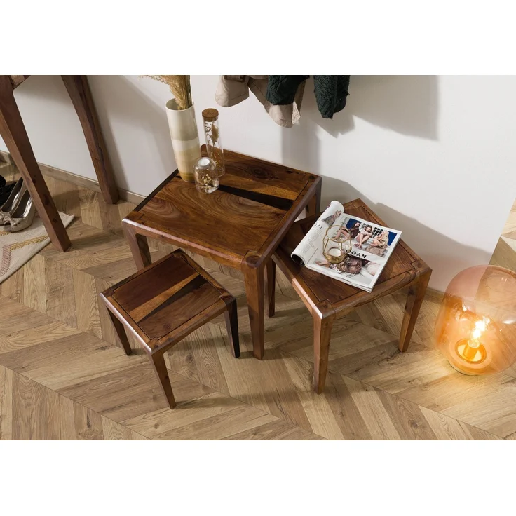 Beistelltisch 3er-Set Sheesham 50x50 / 40x40 / 31,5 x34 dunkelbraun lackiert ANCONA #251 – Bild 2