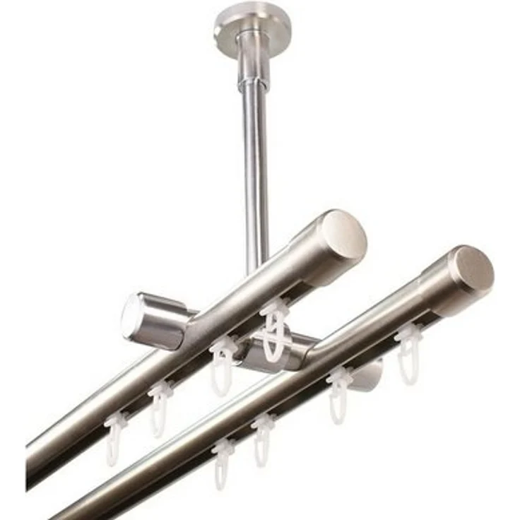 iso-design Gardinenstange Innenlauf 2-läufig Deckenmontage Farbe Edelstahl Endstück Kappe, Ø 20 mm, 2-läufig, Fixmaß, mit Bohren, Metall, Deckenabstand durch Kürzung einstellbar zwischen 7 cm und 19 cm – Bild 4