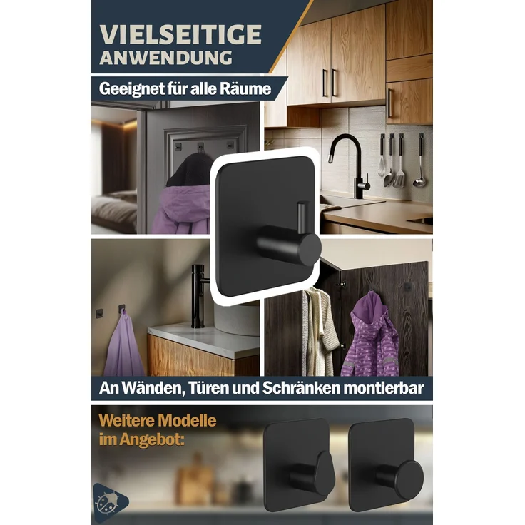 Lindenstein Handtuchhaken 6er-Set Schwarz – Edelstahl V2A, selbstklebend mit 3M-Pads – Bild 6