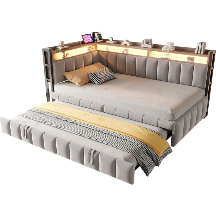 Polsterbett Schlafsofa 90x200 cm mit Ausziehbett, LED-Beleuchtung und Ablagefächern am Kopf- und Fußende, Ausgestattet mit USB- und Typ-C-Anschlüssen. Einzelschlafsofa, Samtstoff Hellgrau – Bild 10