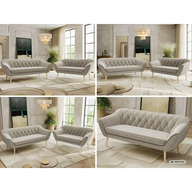 Skandinavisches Sofa Set PIRS 3-2, Komplettset, Wellenfederung, Buche Füße, Sitzgruppe, Polstermöbel Set - Beige Stukture – Bild 2