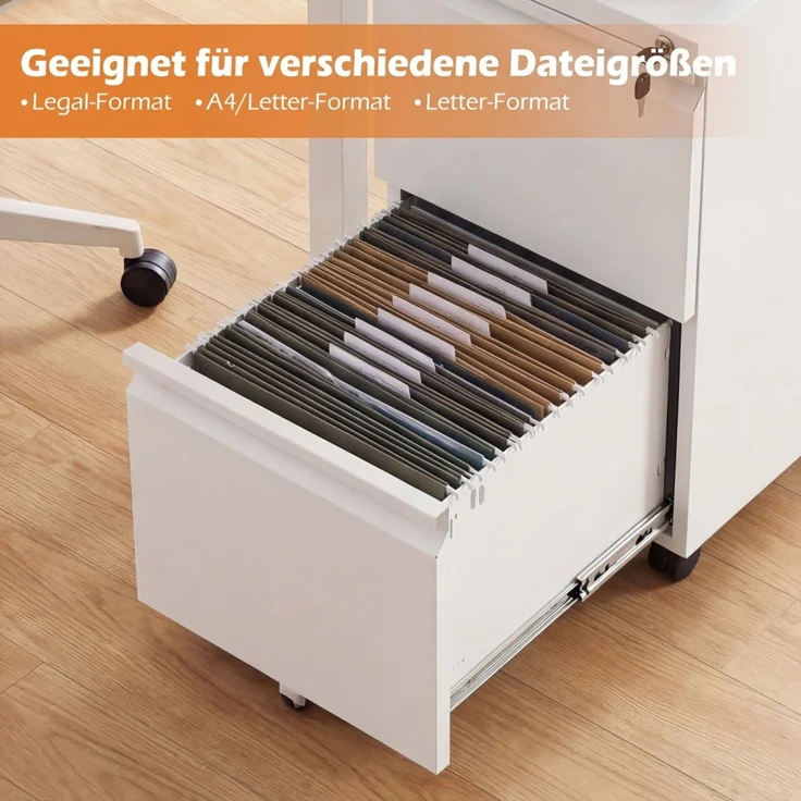 Metall Abschließbarer Rollcontainer mit 2 Schubladen & Hängeregistratur Aktenschrank Weiß SH1050 – Bild 4