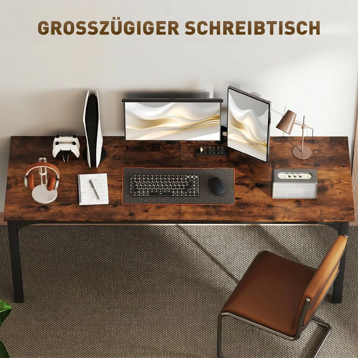MELAYR, Schreibtisch, Computertisch, rustikales Design, viel Platz, Spanplatte, Braun, 200 x 60 x 75 cm, Rustikal-Braun – Bild 6