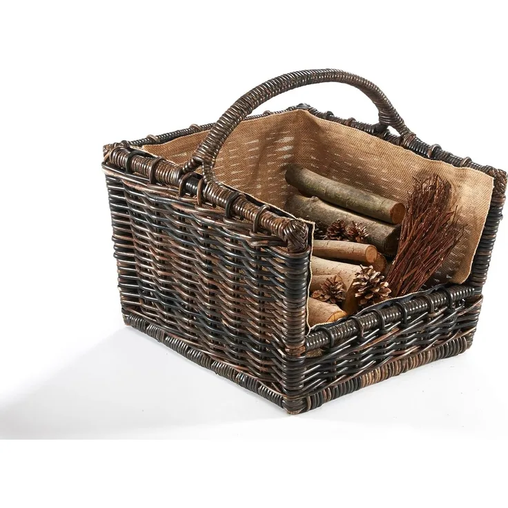 Kobolo Kaminholzkorb Holztrage krabu Rattan - abnehmbarer brauner Stoff