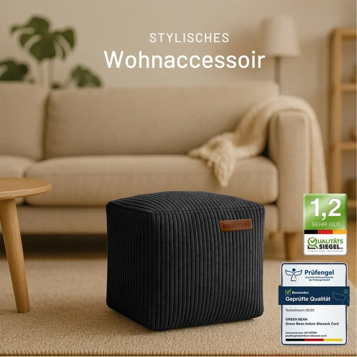 Green Bean Indoor Cord Sitzhocker Pouf Cube 40 x 40 x 40 cm mit EPS-Perlen Füllung - kuschelig weich waschbar - die ideale Ergänzung zum Sitzsack für Kinder & Erwachsene - Schwarz – Bild 3