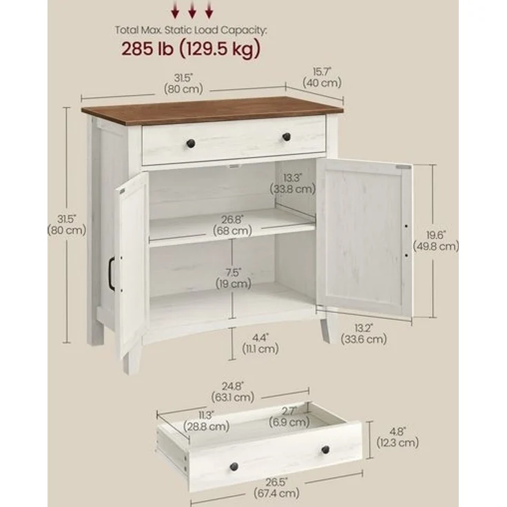 VASAGLE Küchenschrank, Sideboard mit Schubladen, Aufbewahrungsschrank mit Türen, verstellbare Ablage, Landhausstil, für Wohnzimmer Küche, 40 x 80 x 80 cm, vintageweiß-honigbraun BBKDE341W01 – Bild 3