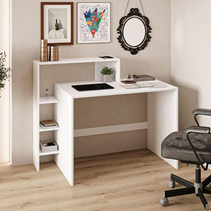 Moderner Schreibtisch, Weiß, 121,8 x 96 x 55 cm | 100% melaminbeschichtete Spanplatte, 18 mm stark | Stilvoll & Funktional – Bild 2