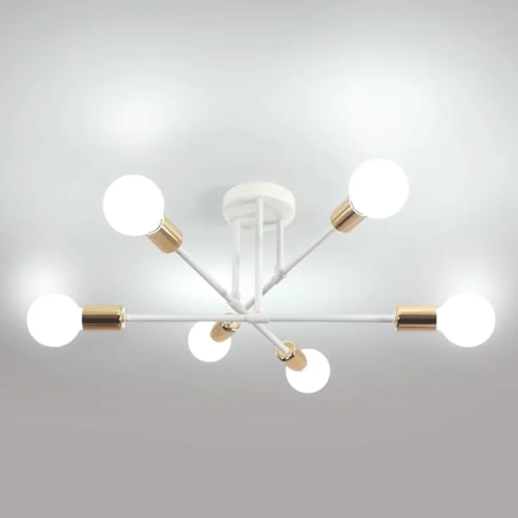 Deckenleuchte Vintage, 6 Flammig E27 60 cm Deckenlampe Sputnik Kronleuchter Modern für Wohnzimmer Esszimmer Küche Flur, Weiß & Gold Max. 60 W (Ohne Glühbirnen) – Bild 10