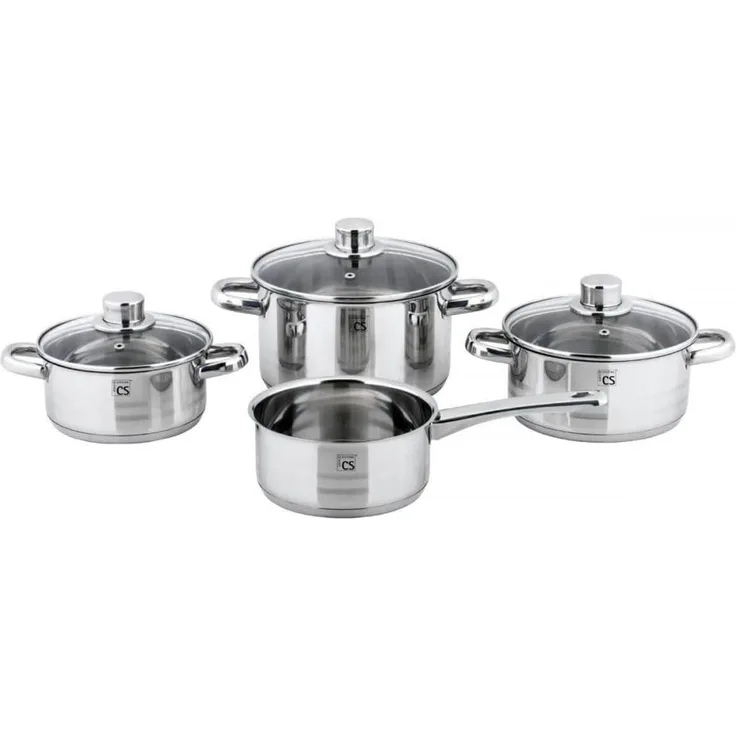 CS Koch-Systeme Topf-Set BELM, Edelstahl (Set, 7-tlg, je 1 Kochtopf 16/18/20 cm, 1x Stielkasserolle 16 cm), mit Glasdeckel, Induktion