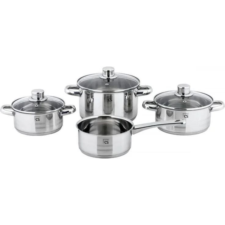 CS Koch-Systeme Topf-Set BELM, Edelstahl (Set, 7-tlg, je 1 Kochtopf 16/18/20 cm, 1x Stielkasserolle 16 cm), mit Glasdeckel, Induktion – Bild 1