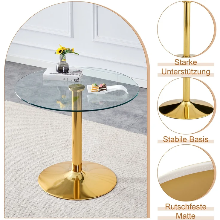 Essgruppe mit rundem Glastisch und 4 Drehstühlen, Ø 85x76 cm, Transparent/Weiß-Gold – Bild 8