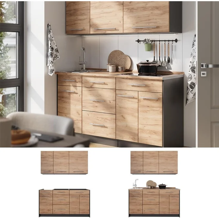 Singleküche Fame-Line Goldkraft Eiche/Anthrazit 150 cm, AP Marmor Vicco – Bild 7