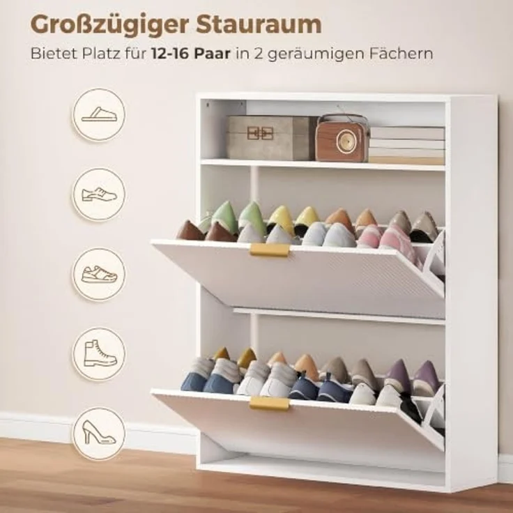HOMCOM Schuhschrank mit 2 Klappen 2 Türen für 12-16 Paar 80x24x102,5cm Weiß | Schmal Schuhkipper, Ablagefläche, Schuhkommode, für Flur, Eingang – Bild 5