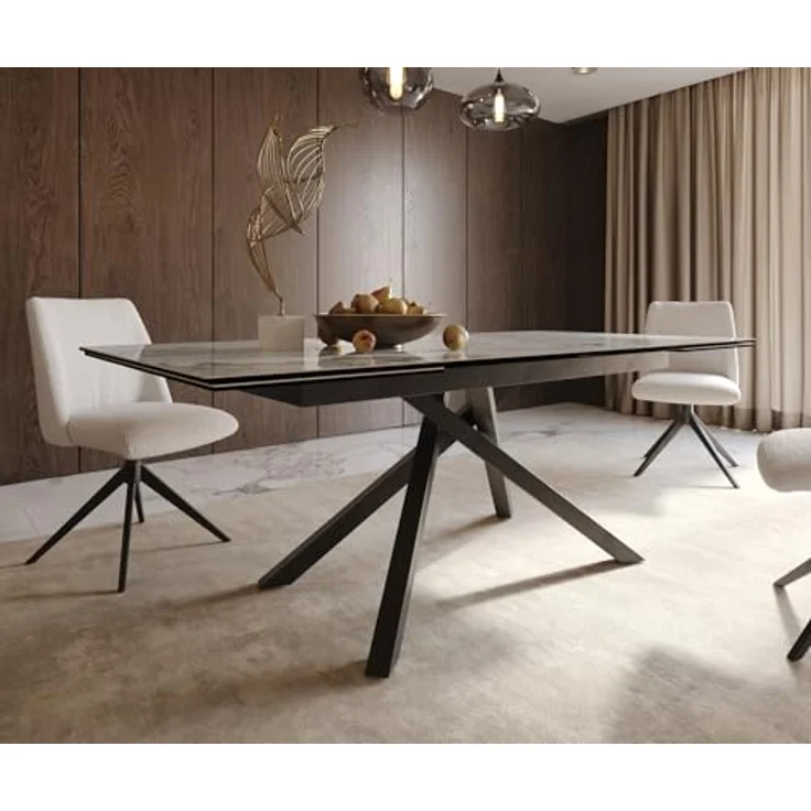Esstisch Edge 200-300x100 Keramik Minas Melange Weiß-Beige Kreuzgestell Rechteck Schwarz ausziehbar – Bild 8