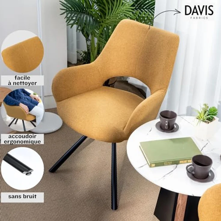 MEUBLE COSY Esszimmerstühle 4er Set Küchenstuhl Polsterstuhl mit Armlehne Sessel Sitzfläche aus Stoff Metallbeine, Gelb, 58.5 x 59 x 81 cm – Bild 7