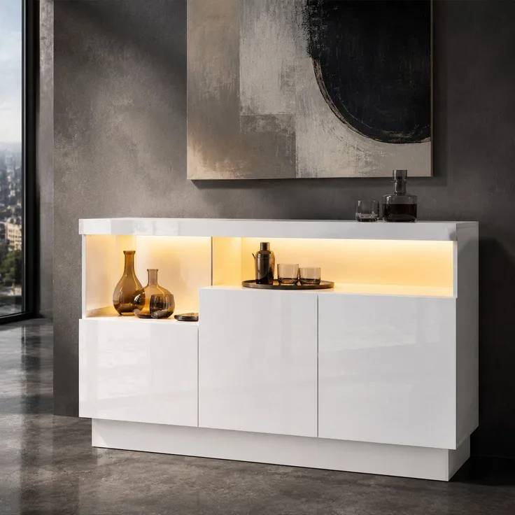 DESVIAE Sideboard mit LED-Beleuchtung und 3 Türen 140x80x36 cm aus PB und MDF Weiß