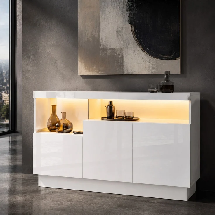 DESVIAE Sideboard mit LED-Beleuchtung und 3 Türen 140x80x36 cm aus PB und MDF Weiß – Bild 1