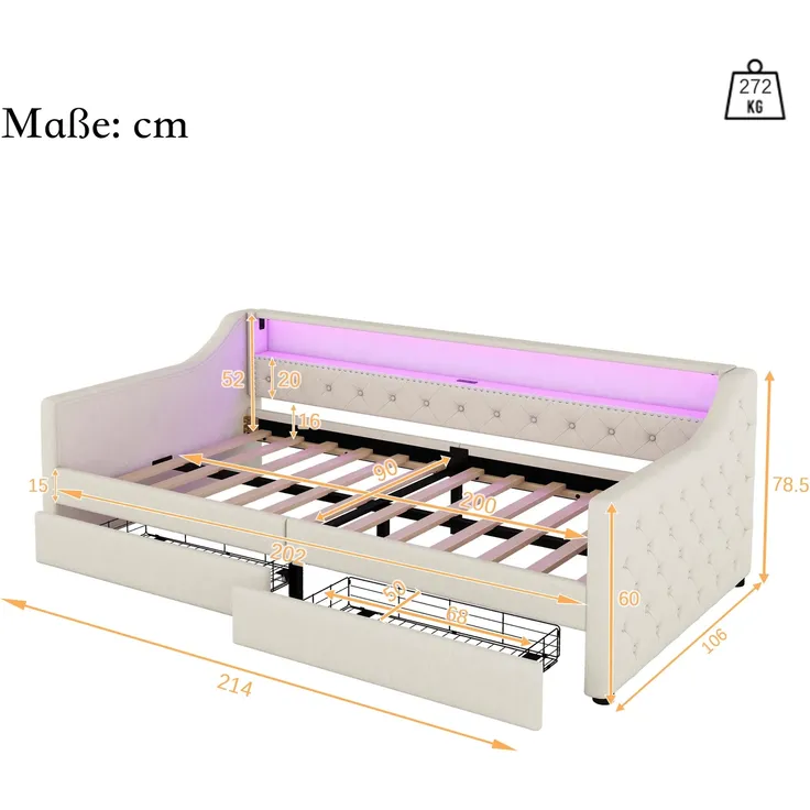 Schlafsofa mit LED-Streifen, Lattenrost und 2 Schubladen, 90x200cm, Polsterbett, Einzelbett, Jugendbett, Leinenbezug – Bild 5