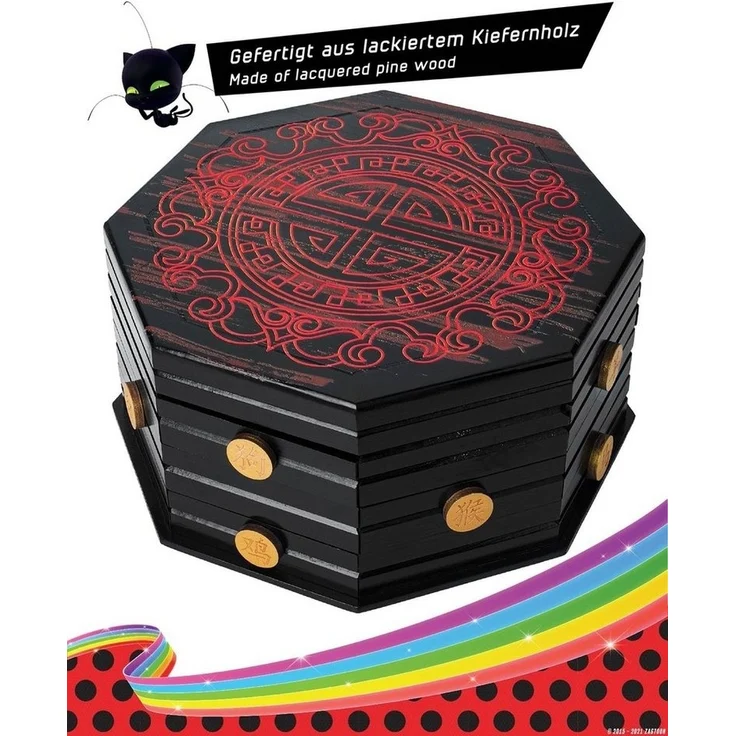 Corimori Spielzeugtruhe Miraculous Ladybug Schatulle aus Holz original, offiziell lizensiert, 2er Set aus Master Fu Miracle Box und 6 Pins – Bild 2