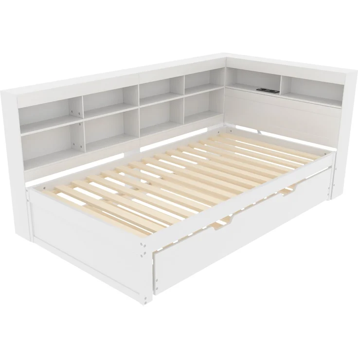 Schlafsofa 90*200, Ausziehbares Bett 90*190 mit USB-Steckdose und mehreren Ablagefächern, Massivholzbett, Einzelbett, Holz-Multifunktionsbett, Weiß. – Bild 9