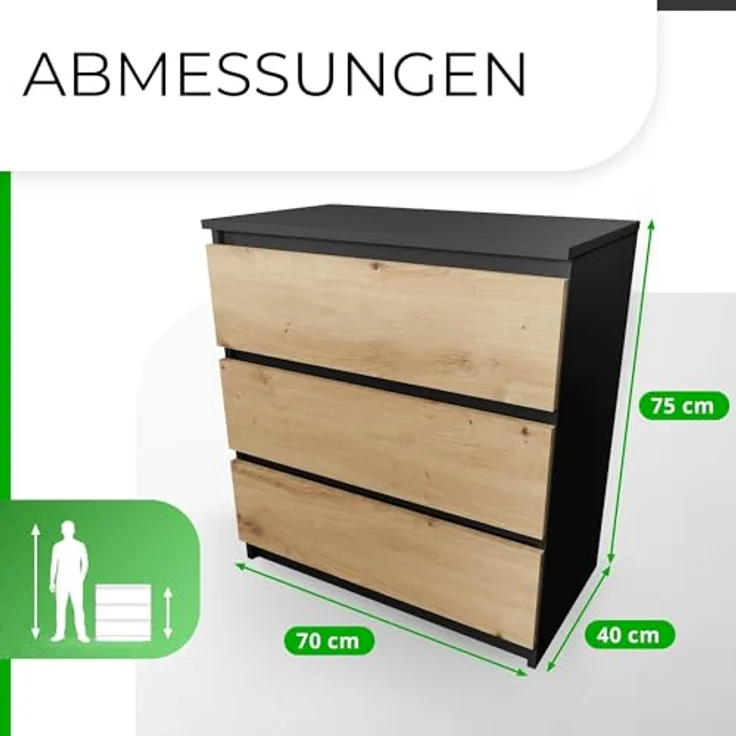 CDF Kommode mit Schublade Anthrazit/Artisan Schrank Schubladenschrank 3 Schubladen Malm Kommode viel Stauraum Geeignet für Wohnzimmer Schlafzimmer Komodenschrank Organizer Kleidung 40T x 70B x 75H cm – Bild 3
