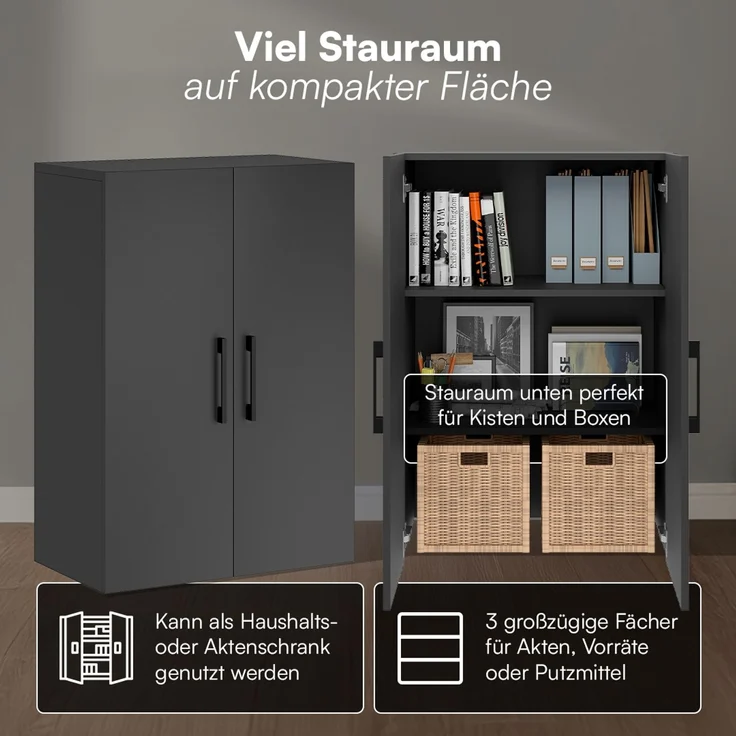 Bellamio 'Apol' Mehrzweckschrank, anthrazitschwarz, 88x33x60 cm, kleiner Aktenschrank mit 3 Fächern – Bild 3