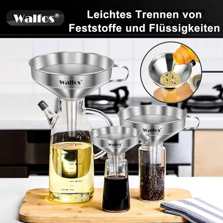 Walfos Edelstahl Trichter Set 3er Pack mit 2 Siebfiler & Reinigungsbürste – Bild 6